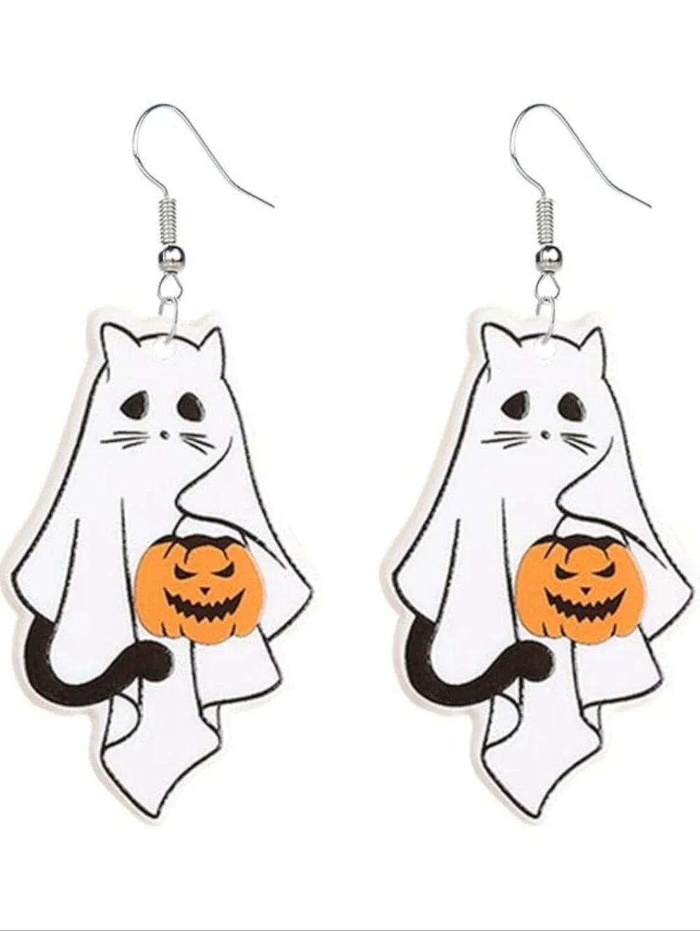 Ghost Cat Halloween Drop Earrings – White and Orange